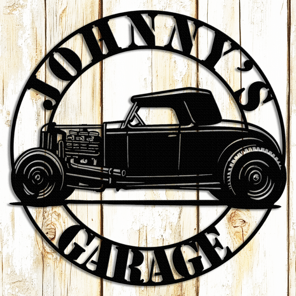 1932 Ford Hot Rod metal garage sign in black finish on red brick wall