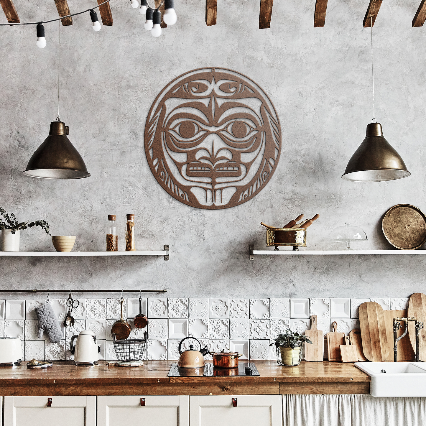 Alaskan_Native_Mask_Metal_Sign__Custom__Copper_Rustic_Kitchen_Mockup.png