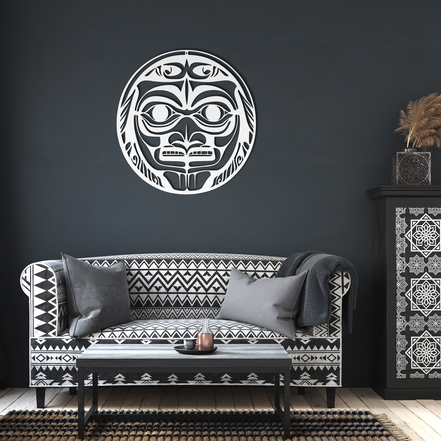 Alaskan_Native_Mask_Metal_Sign__Custom__White_Dark_Living_Room_Mockup.png