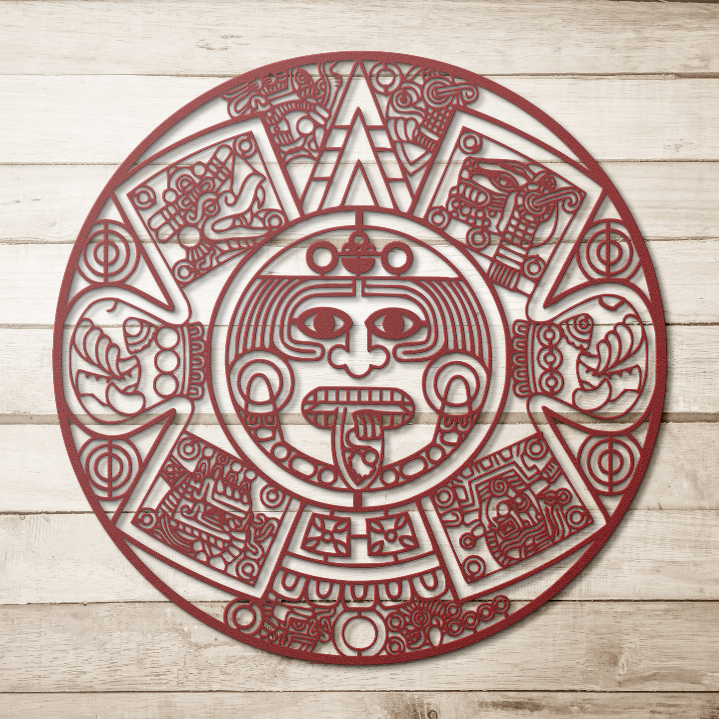 Aztec_Mayan_Mexican_Calendar_Metal_Wall__Red_Simple_Wood_BKGD_Mockup.png