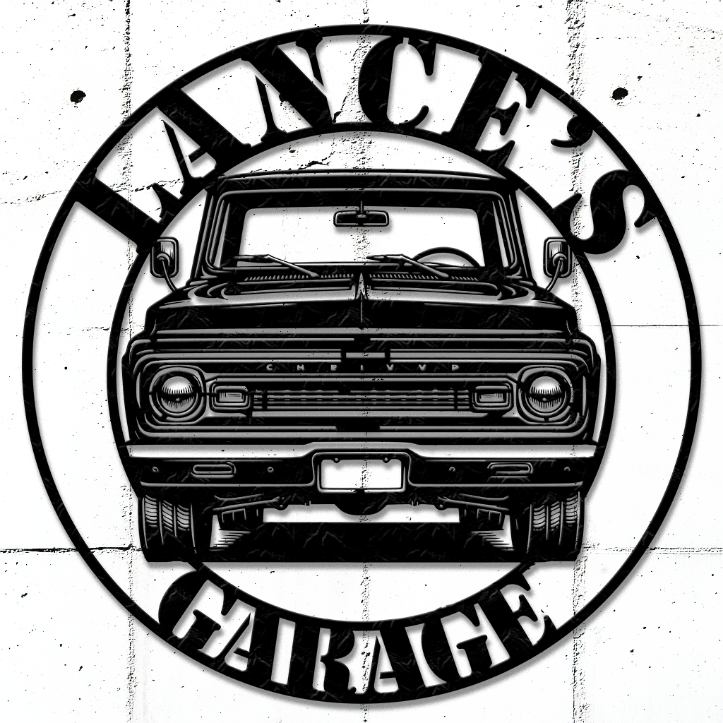 Chevy Truck Metal Sign in black mounted in a rustic garage