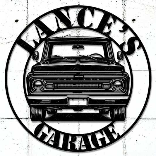 Chevy Truck Metal Sign in black mounted in a rustic garage