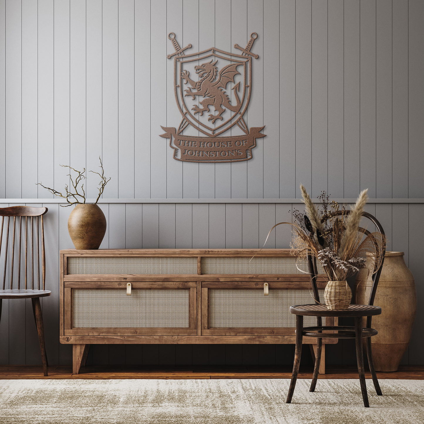 Custom_Family_Dragon_Crest_Metal_Sign___Copper_Rustic_Hallway_Mockup.png