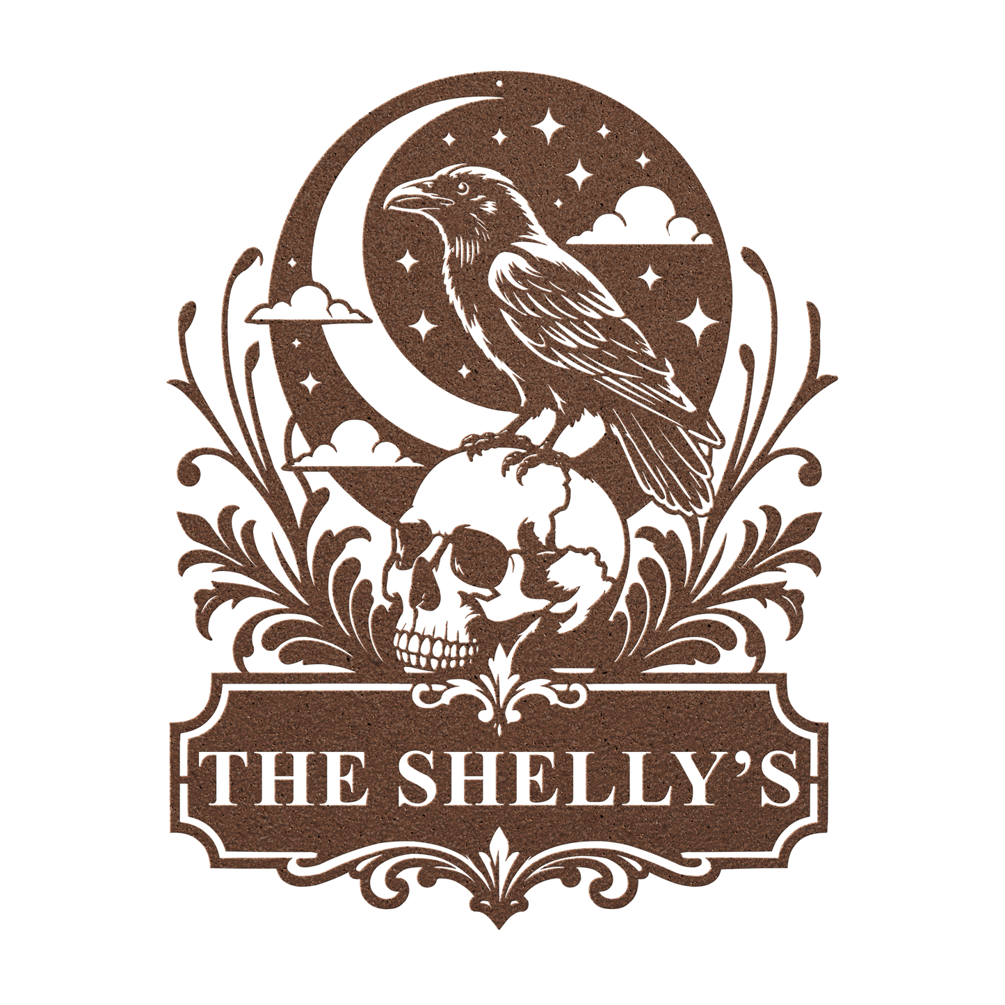 Custom halloween raven skull metal sign in copper — personalized gothic Halloween family wall art