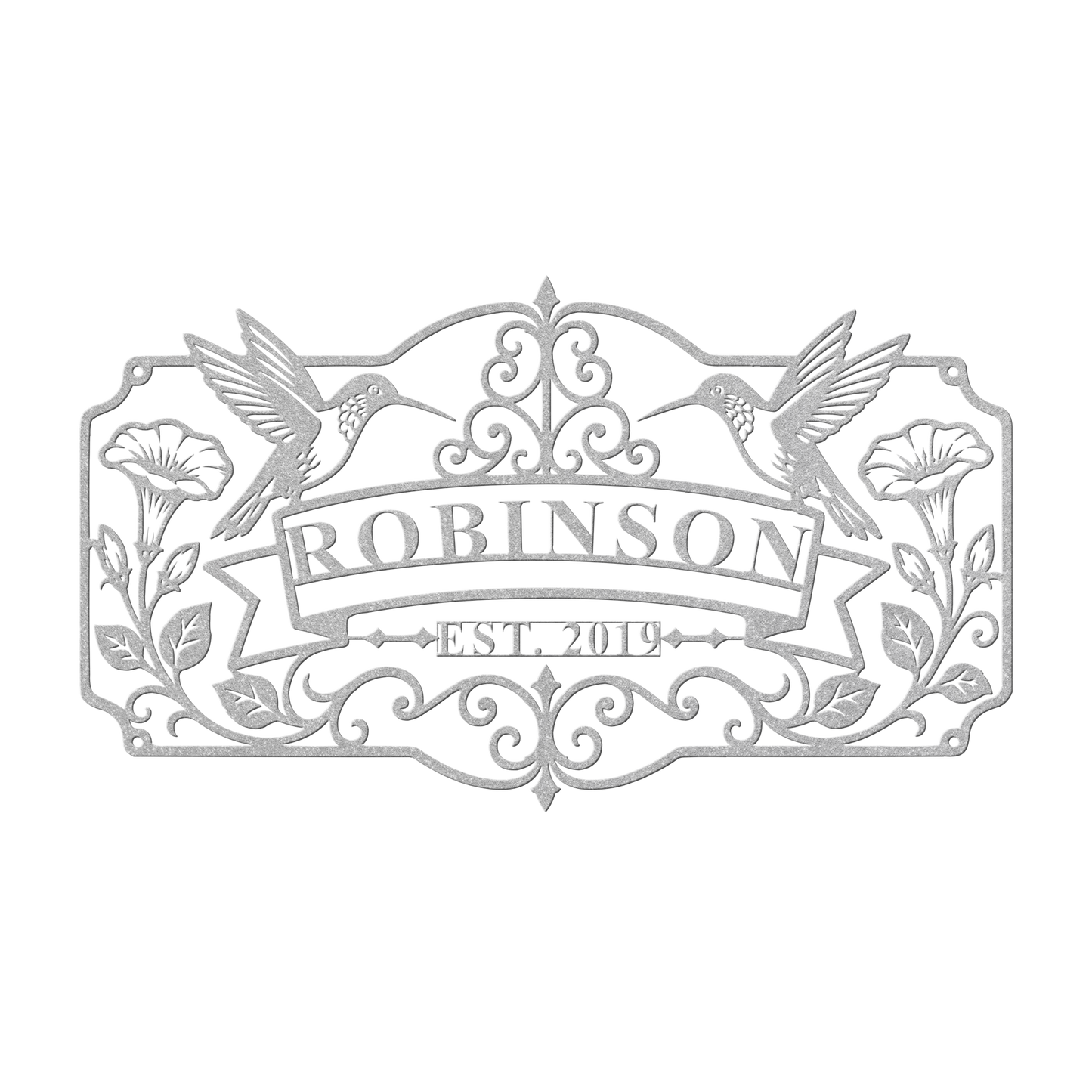 Custom hummingbird family name metal sign in silver — personalized family name wall art