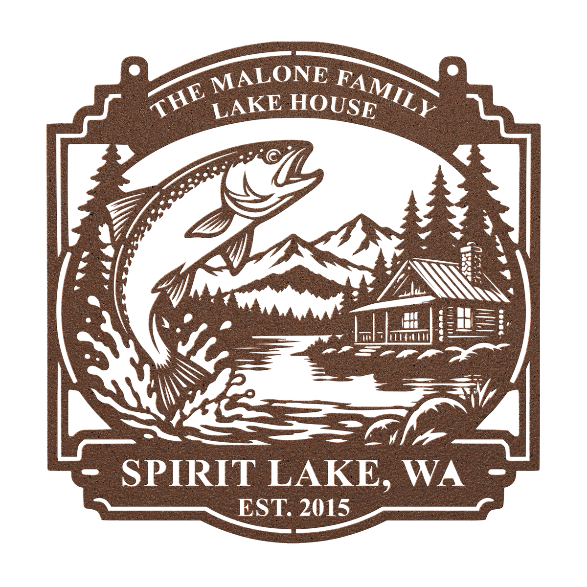 Custom lake house trout fishing metal sign in copper — personalized family name wall art