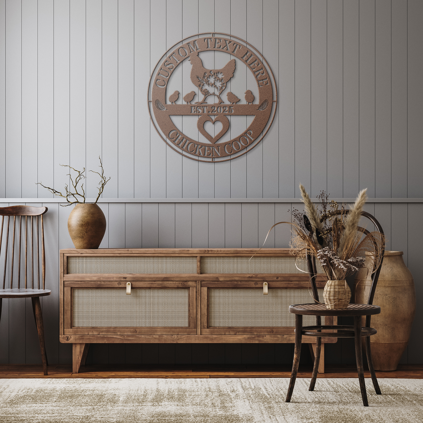 Custom_Text_Chicken_Coop_Metal_Sign___Copper_Rustic_Hallway_Mockup.png