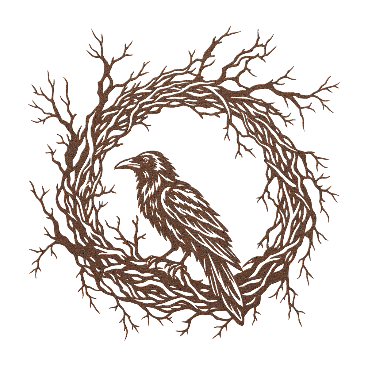 Gothic raven branch wreath metal wall art in copper — dark botanical steel wall decor