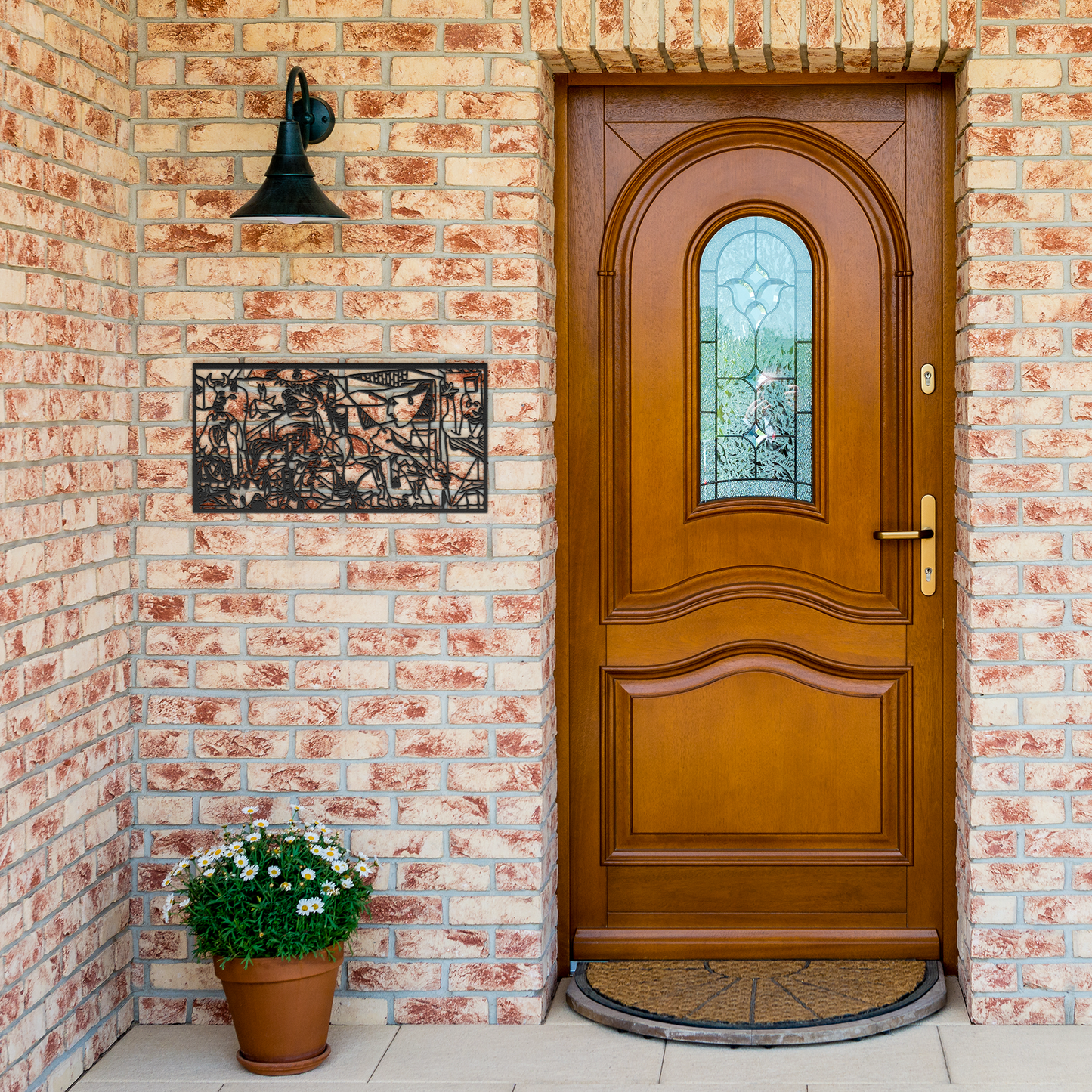 Guernica_Metal_Wall_Art_Pablo_Picasso_G_Black_Brick_Entrance_Mockup.png