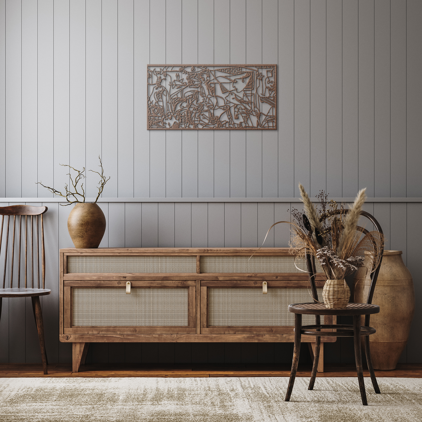 Guernica_Metal_Wall_Art_Pablo_Picasso_G_Copper_Rustic_Hallway_Mockup.png