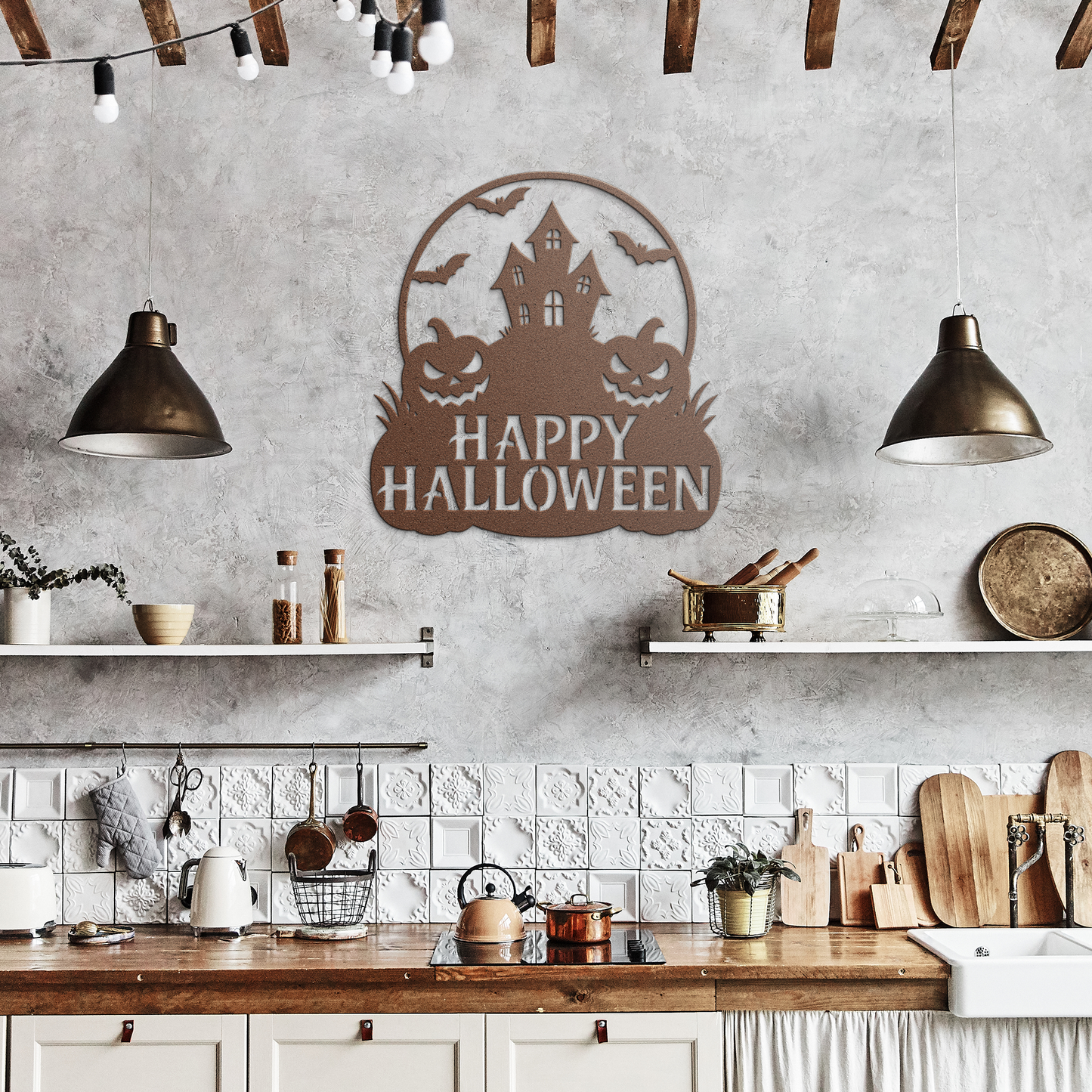 Happy_Halloween_Metal_Wall_Art__Custom__Copper_Rustic_Kitchen_Mockup.png