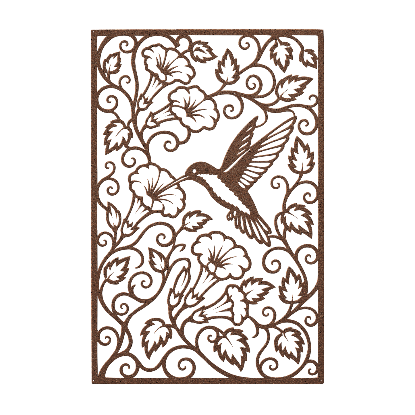 Hummingbird trumpet flower metal wall art in copper — intricate botanical garden panel decor