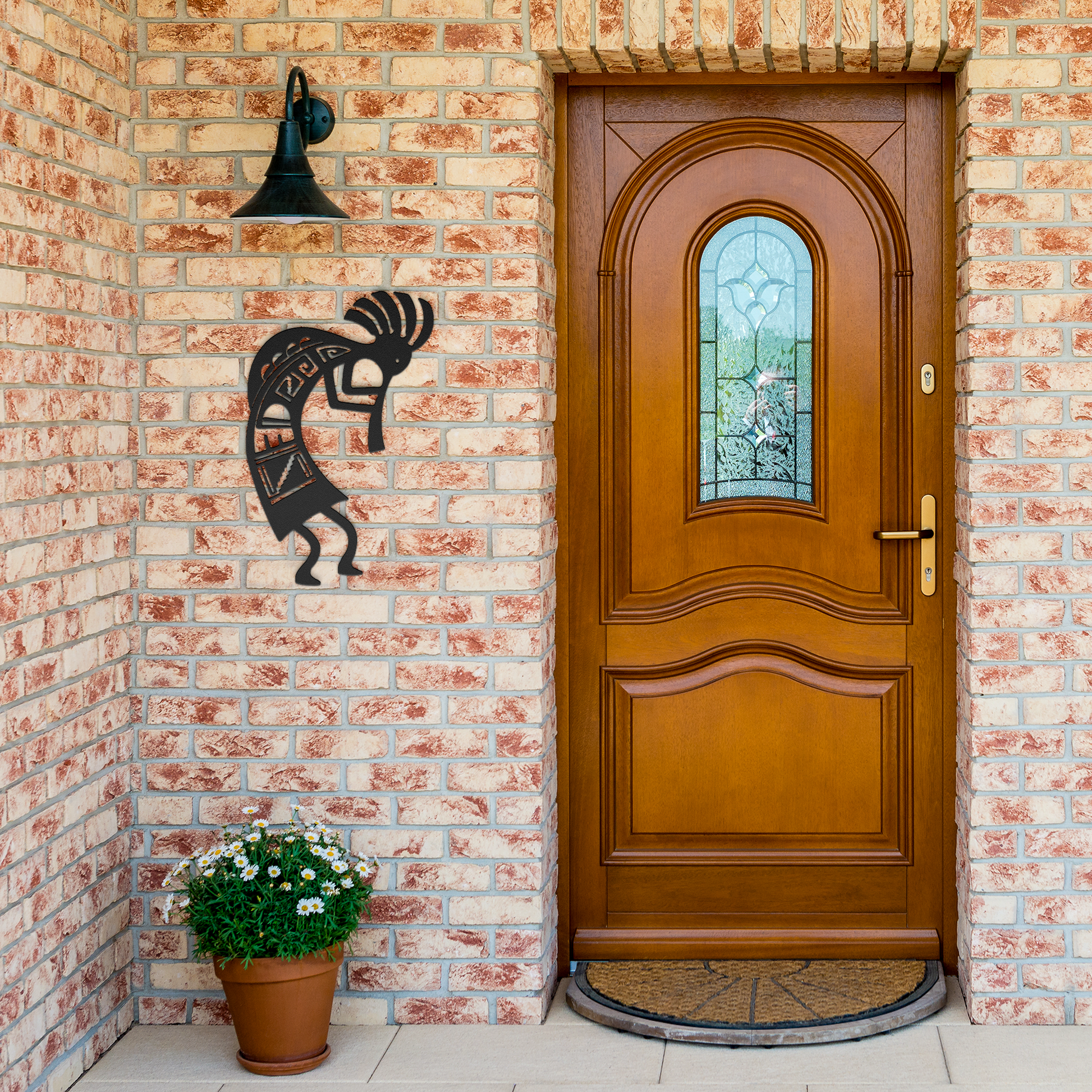 Kokopelli_Metal_Wall_Art_Sign__Rustic_Black_Brick_Entrance_Mockup.png