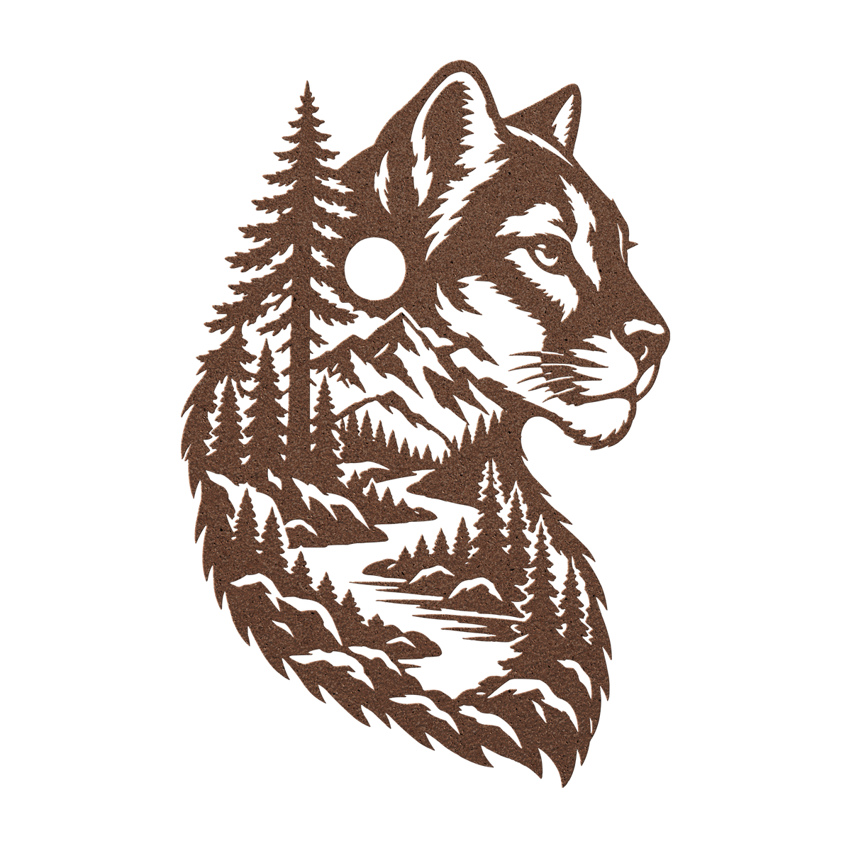 Mountain lion cougar metal wall art in copper — double-exposure wildlife steel wall decor