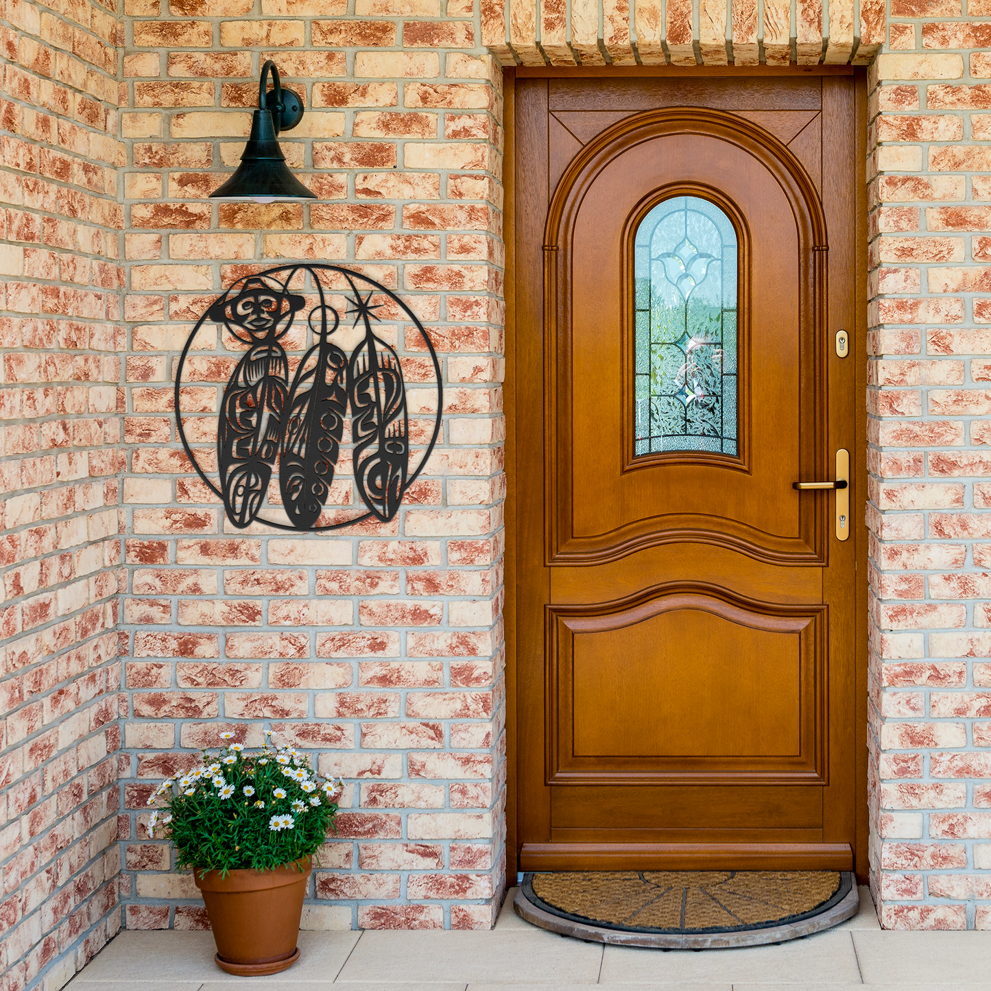 Northwest_Tribal_Feathers_Metal_Sign__C_Black_Brick_Entrance_Mockup.png