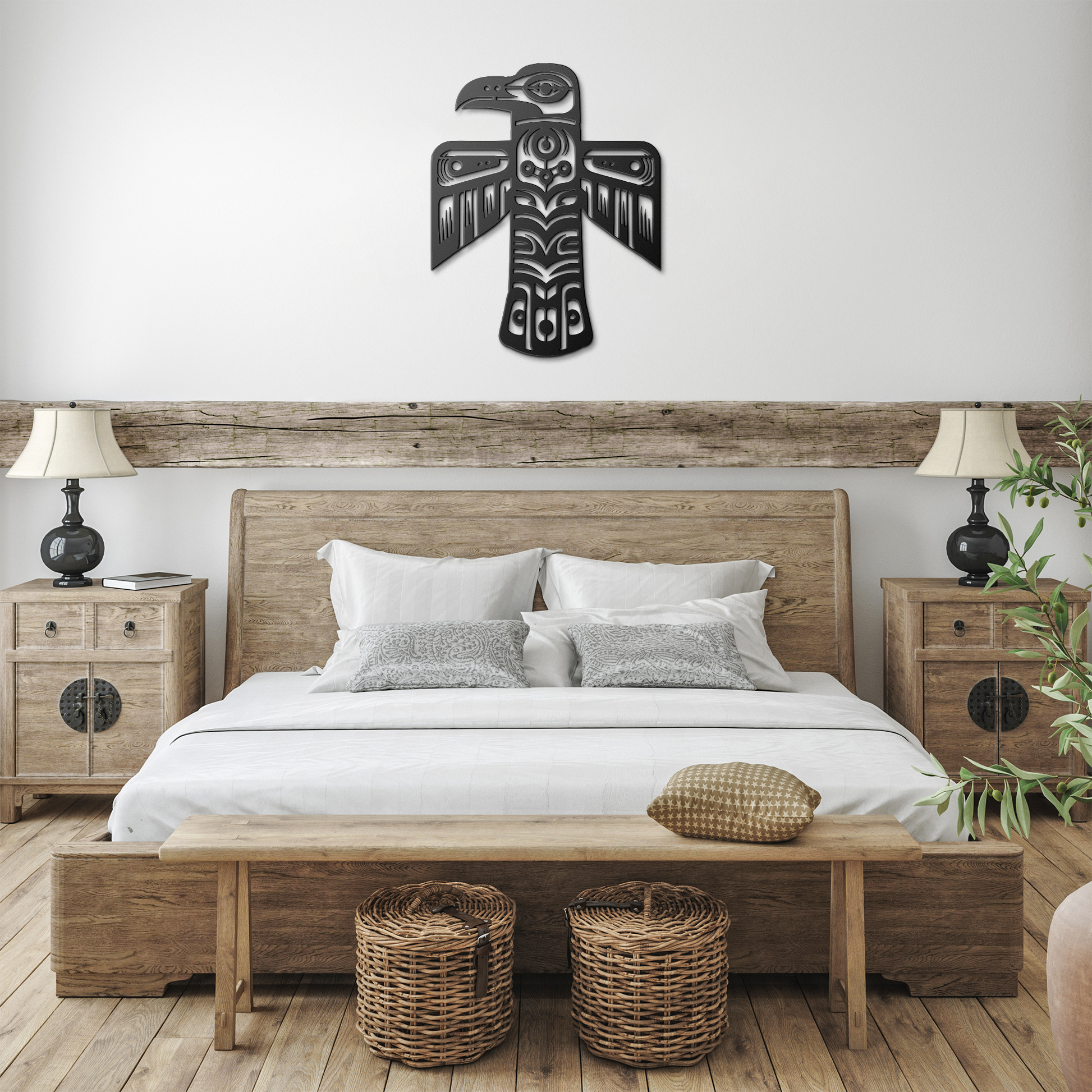 Northwest_Tribal_Raven_Totem_Pole_Metal__Black_Farmhouse_Bedroom_Mockup.png
