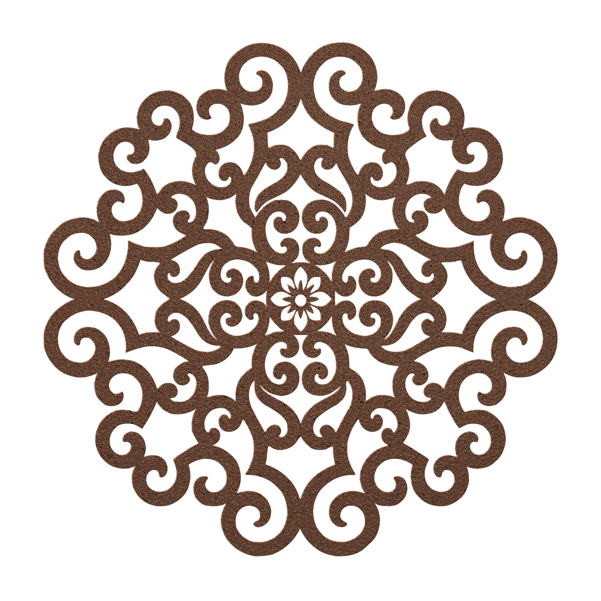 Ornate scrollwork mandala metal wall art in copper — wrought-iron-style steel wall decor