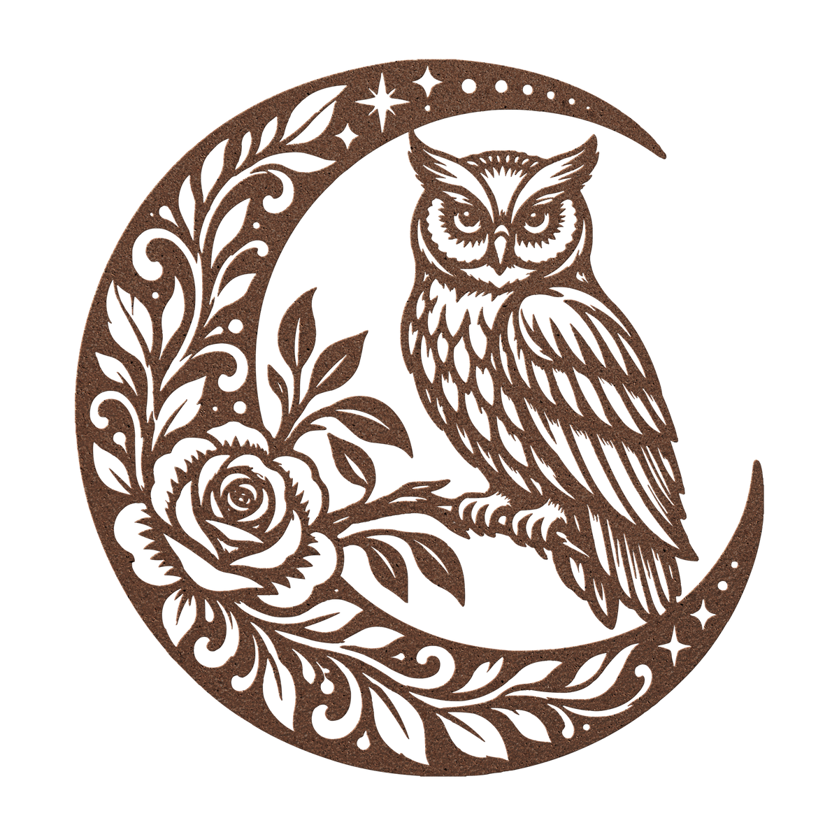 Owl crescent moon metal wall art in copper — celestial rose botanical steel wall decor