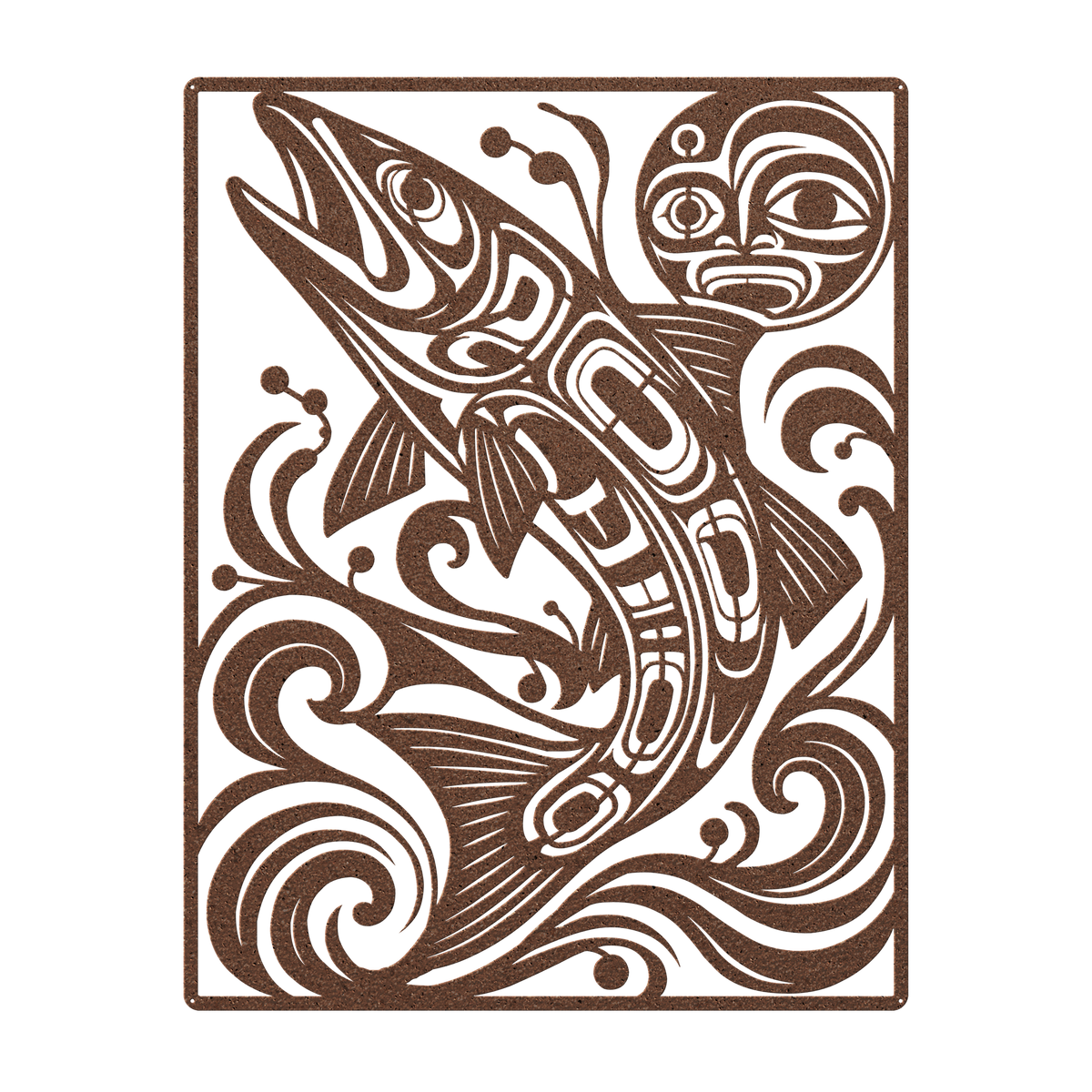 Pacific Northwest formline-style salmon metal wall art in copper — plasma-cut steel wall decor