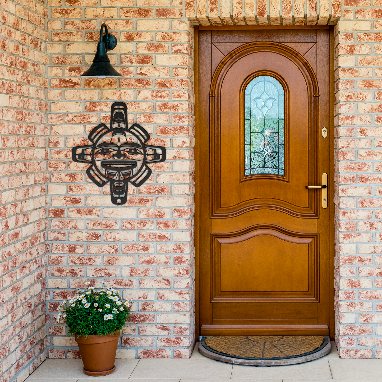Pacific_Northwest_Tribal_Sun_Metal_Sign__Black_Brick_Entrance_Mockup.png