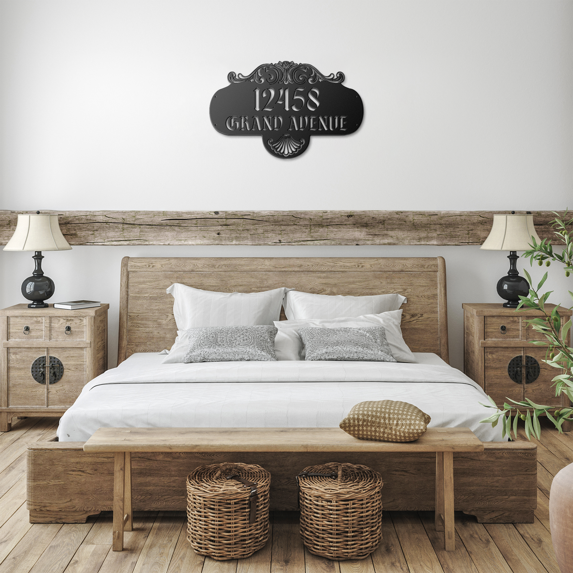 Personalized_Art_Nouveau_metal_address_s_Black_Farmhouse_Bedroom_Mockup.png