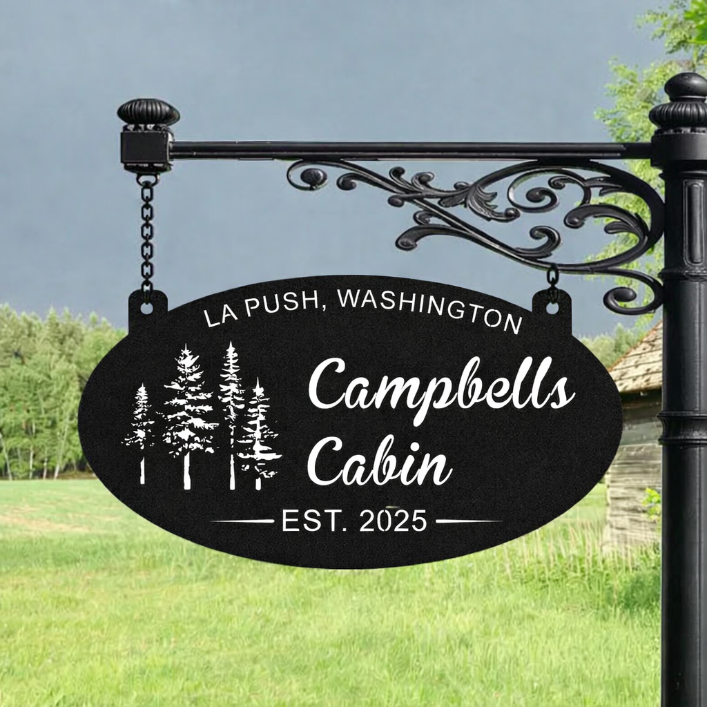 custom oval metal evergreen sign with personalized cabin name