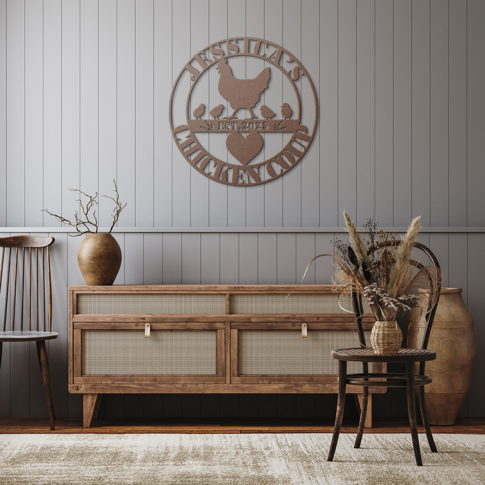 Personalized_Chicken_Coop_Metal_Sign__Copper_Rustic_Hallway_Mockup.png