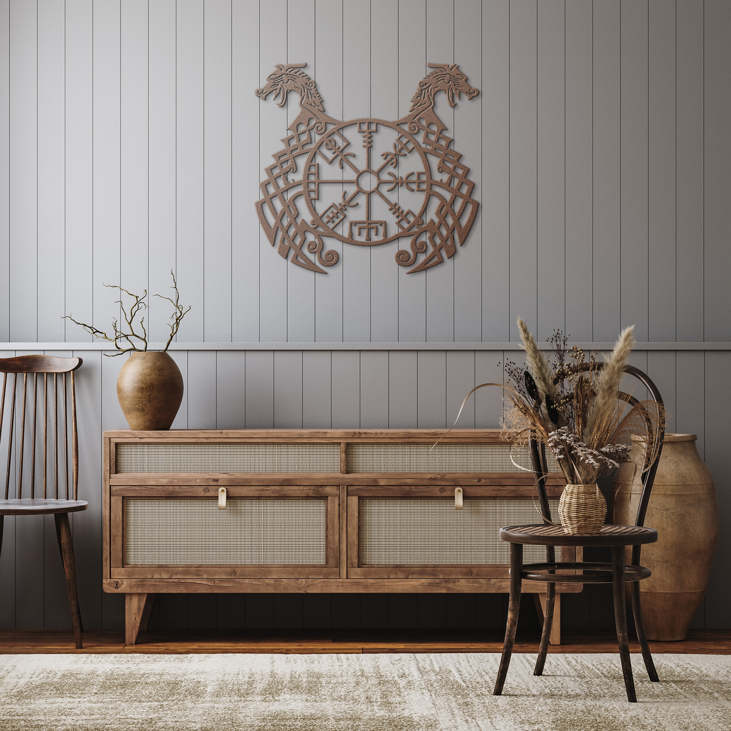 Runic_Compass_Runes_Dragons_Metal_Sign__Copper_Rustic_Hallway_Mockup.png