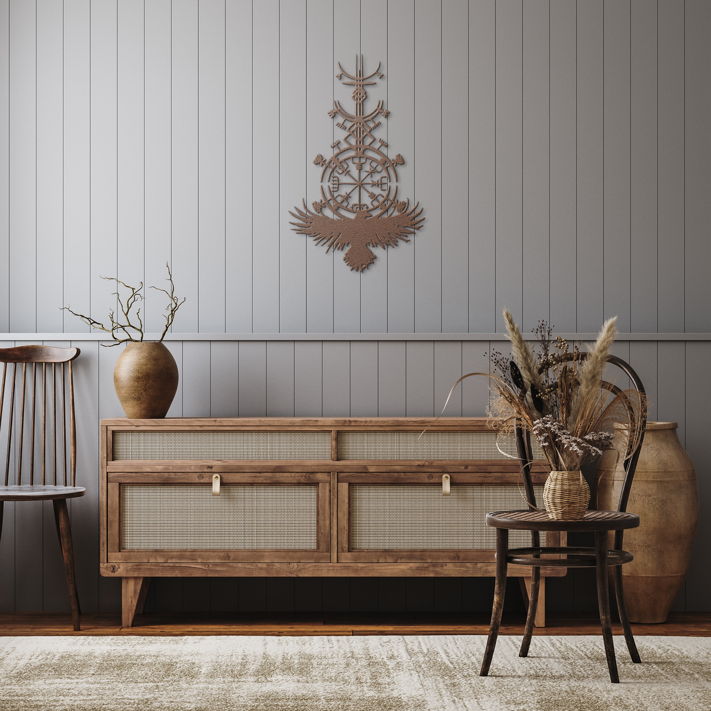Viking_Compass__Raven_Metal_Sign__No_Copper_Rustic_Hallway_Mockup.png
