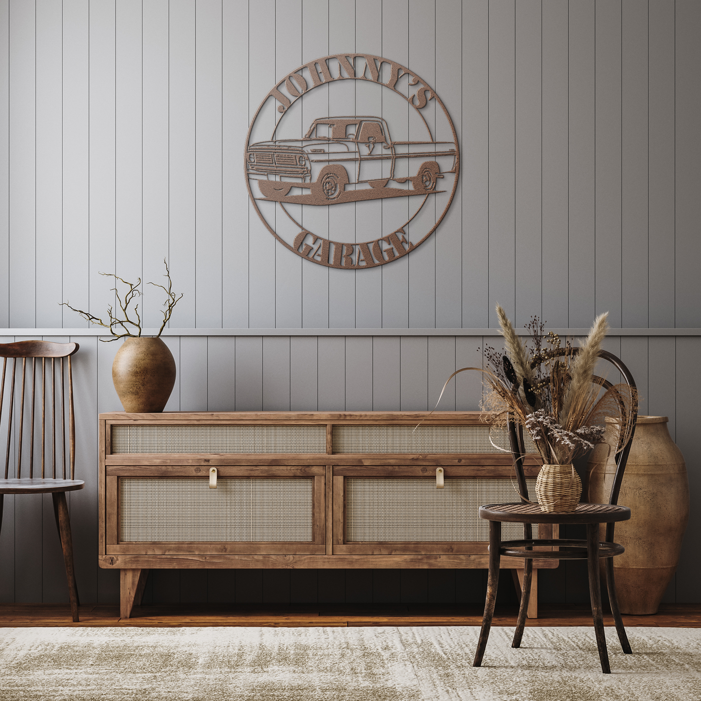 1970_American_Pickup_Truck_Metal_Wall_Ar_Copper_Rustic_Hallway_Mockup.png