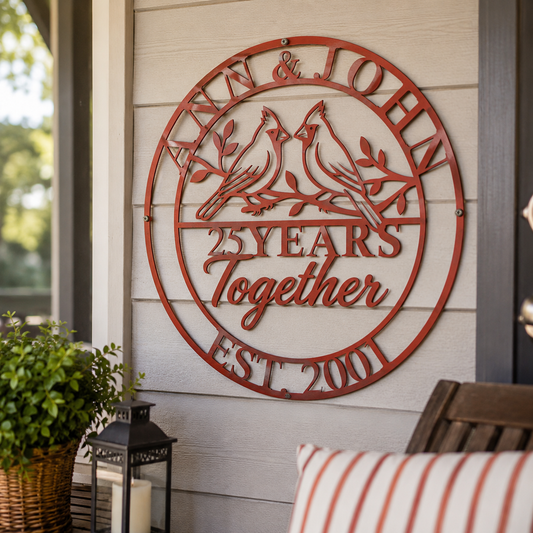 Custom anniversary sign — personalized cardinal couple with names and years together in plasma-cut steel