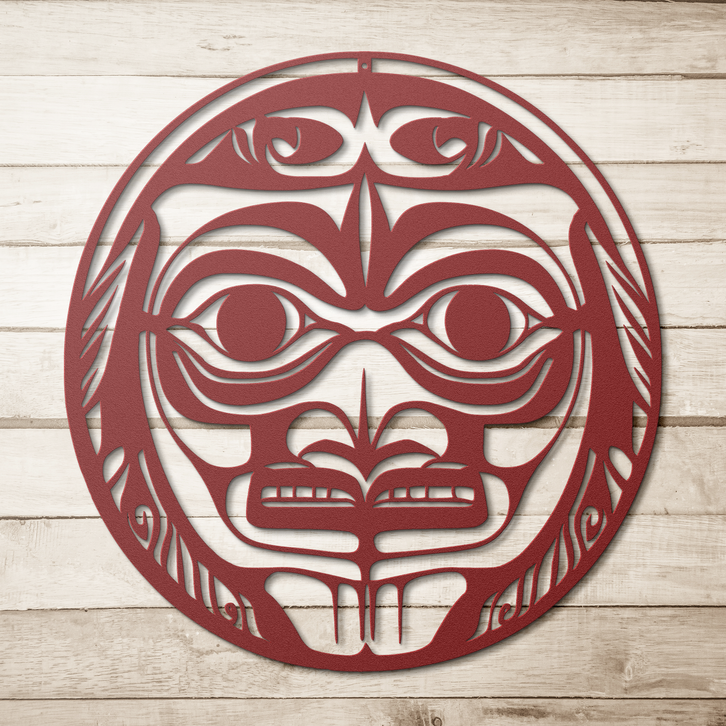 Alaskan_Native_Mask_Metal_Sign__Custom__Red_Simple_Wood_BKGD_Mockup.png