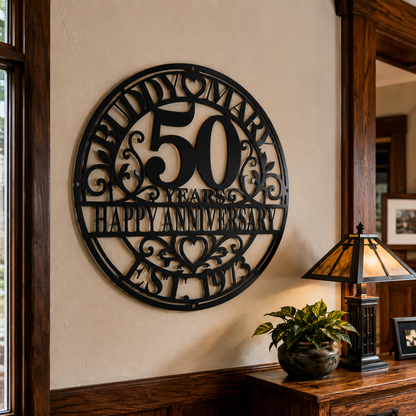 Personalized wedding anniversary metal sign — custom names, year and date in plasma-cut steel