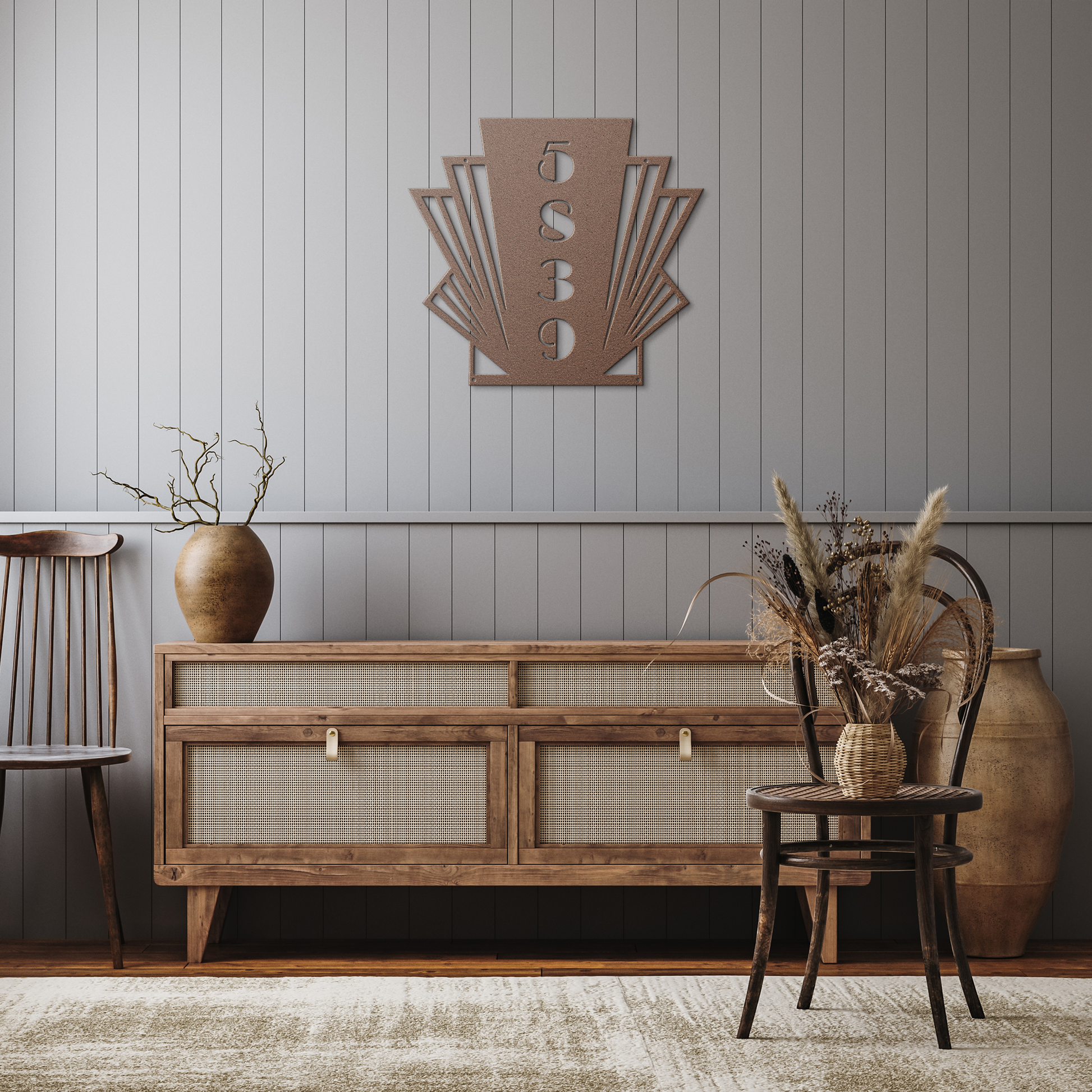 Art_Deco_Vertical_Metal_Address_Sign__C_Copper_Rustic_Hallway_Mockup.png