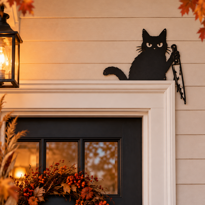 Funny Halloween cat with knife metal wall art on an autumn porch — grumpy black cat steel decor