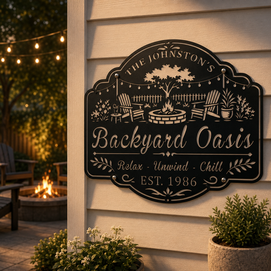 Personalized backyard oasis metal sign with fire pit Adirondack chairs and string lights — black powder-coated steel outdoor wall art
