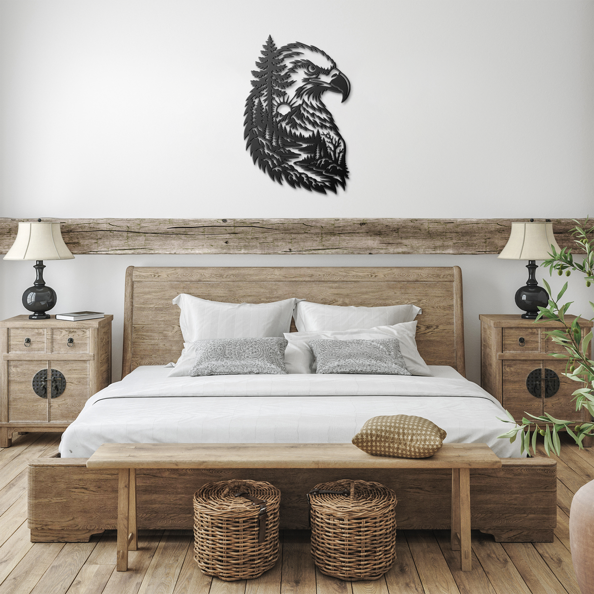 Black bald eagle rustic metal sign in a farmhouse room — rustic steel wall decor