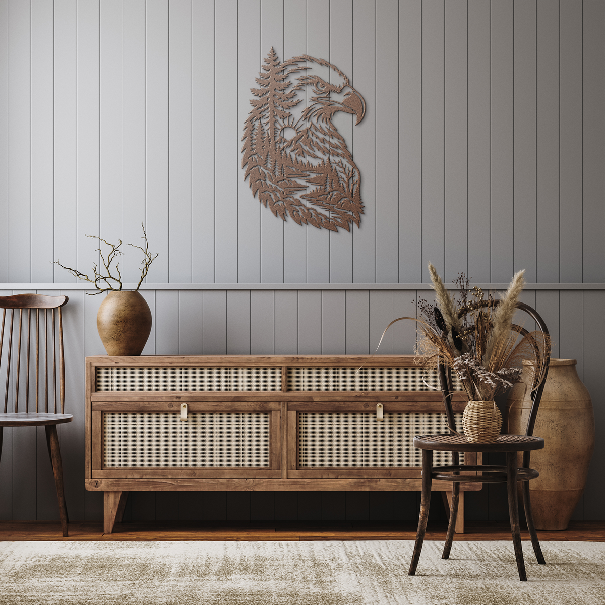 Copper bald eagle rustic metal sign in a rustic hallway — rustic steel wall decor