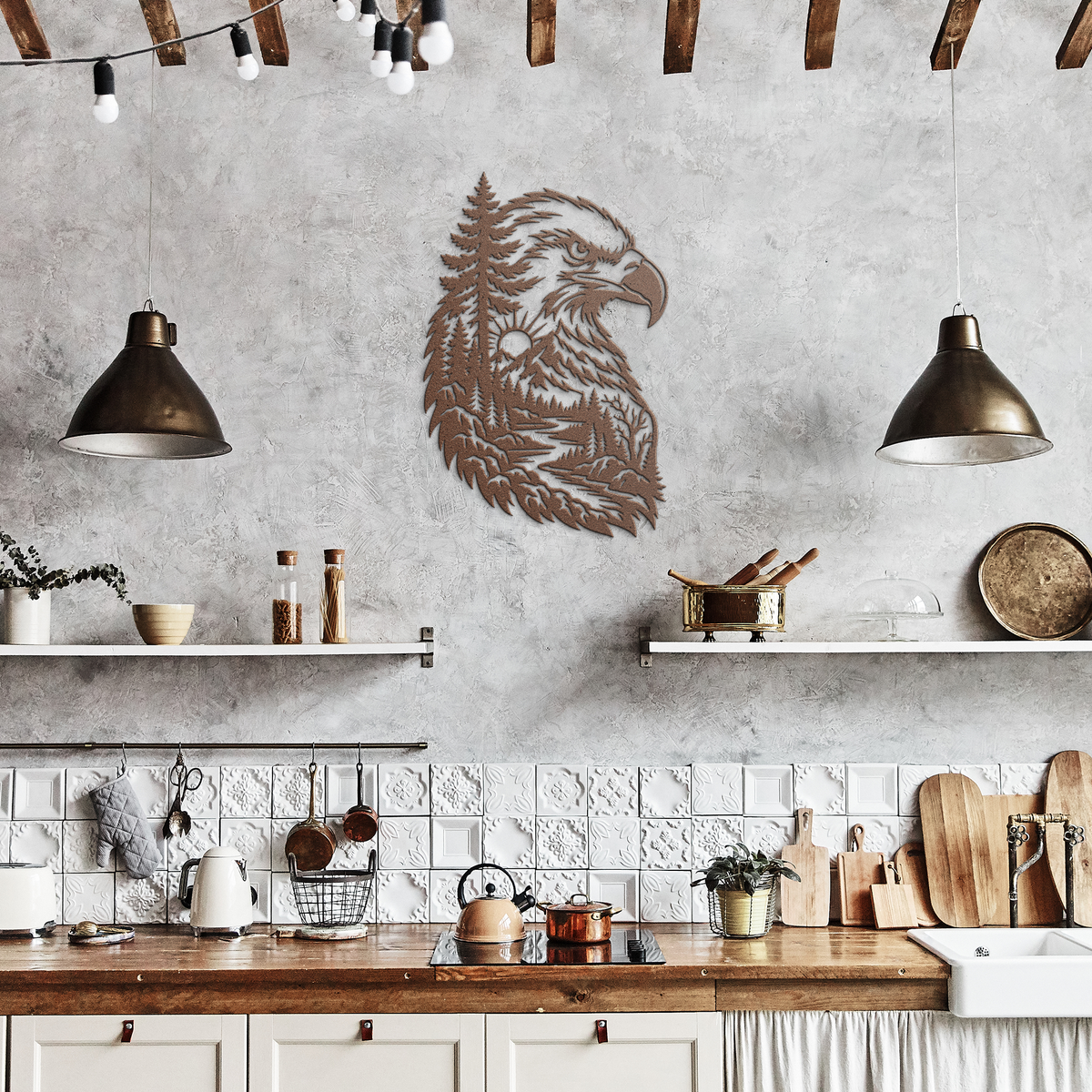 Copper bald eagle rustic metal sign in a rustic kitchen — rustic steel wall decor
