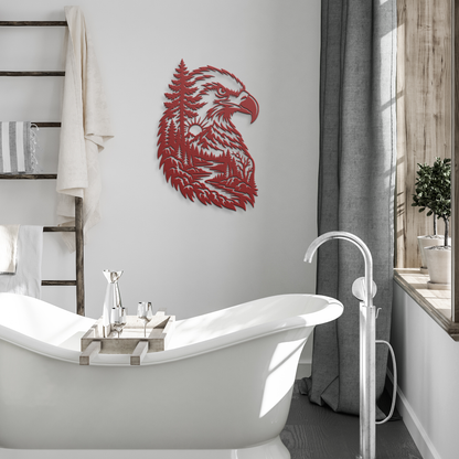 Red bald eagle rustic metal sign in a modern room — rustic steel wall decor