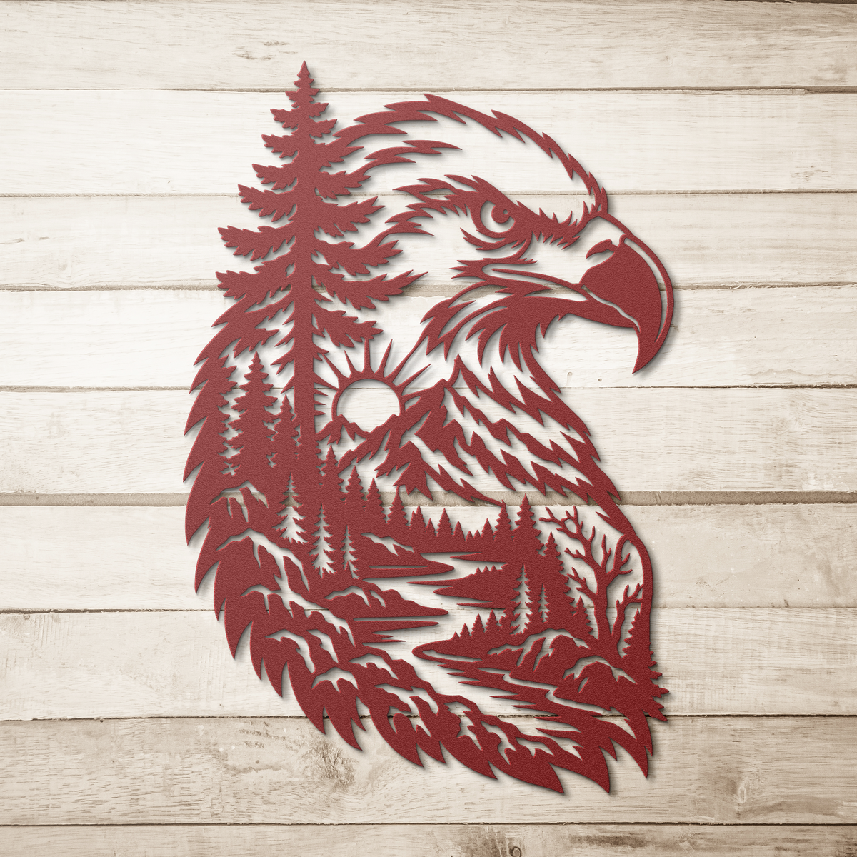Red bald eagle rustic metal sign on a wood background — rustic steel wall decor