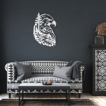 White bald eagle rustic metal sign in a living room — rustic steel wall decor