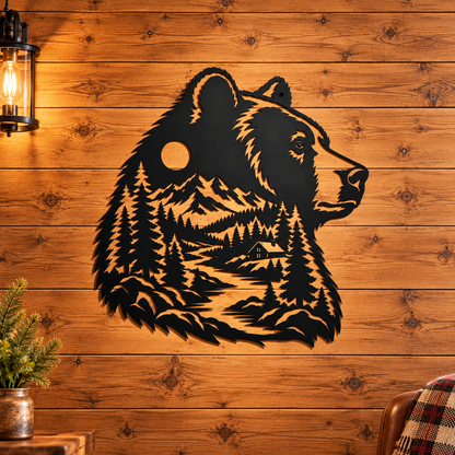 Bear head metal sign in black — rustic cabin mountain wildlife steel wall art