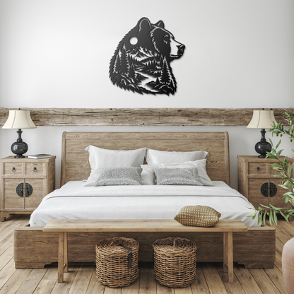 Black bear head rustic metal sign in a farmhouse room — rustic steel wall decor