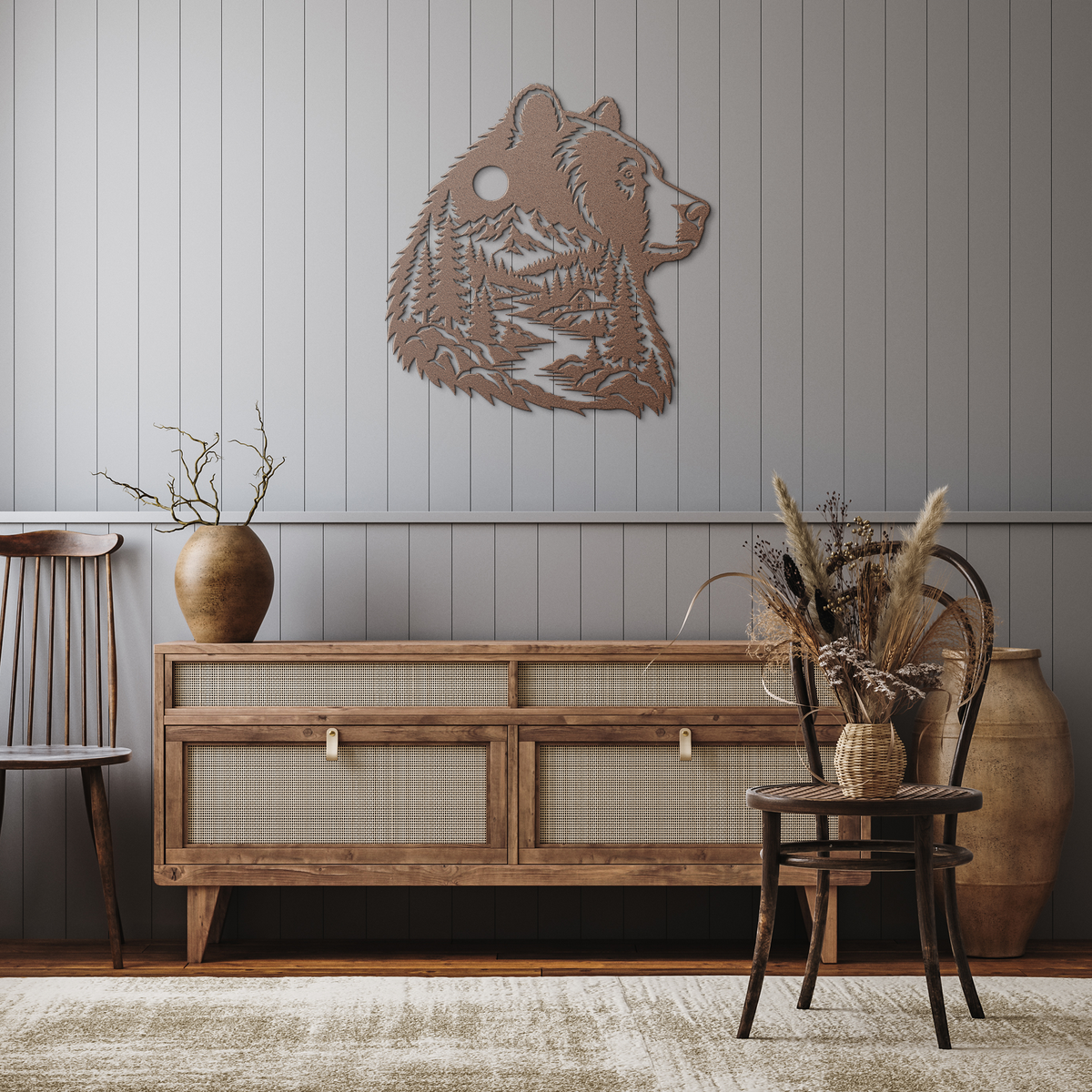 Copper bear head rustic metal sign in a rustic hallway — rustic steel wall decor