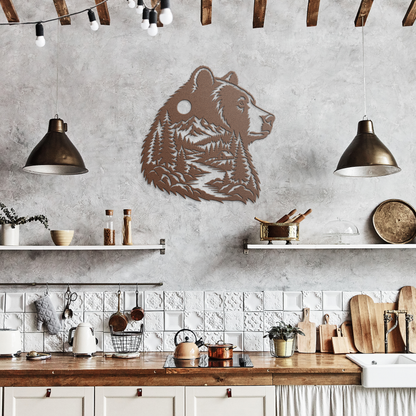 Copper bear head rustic metal sign in a rustic kitchen — rustic steel wall decor