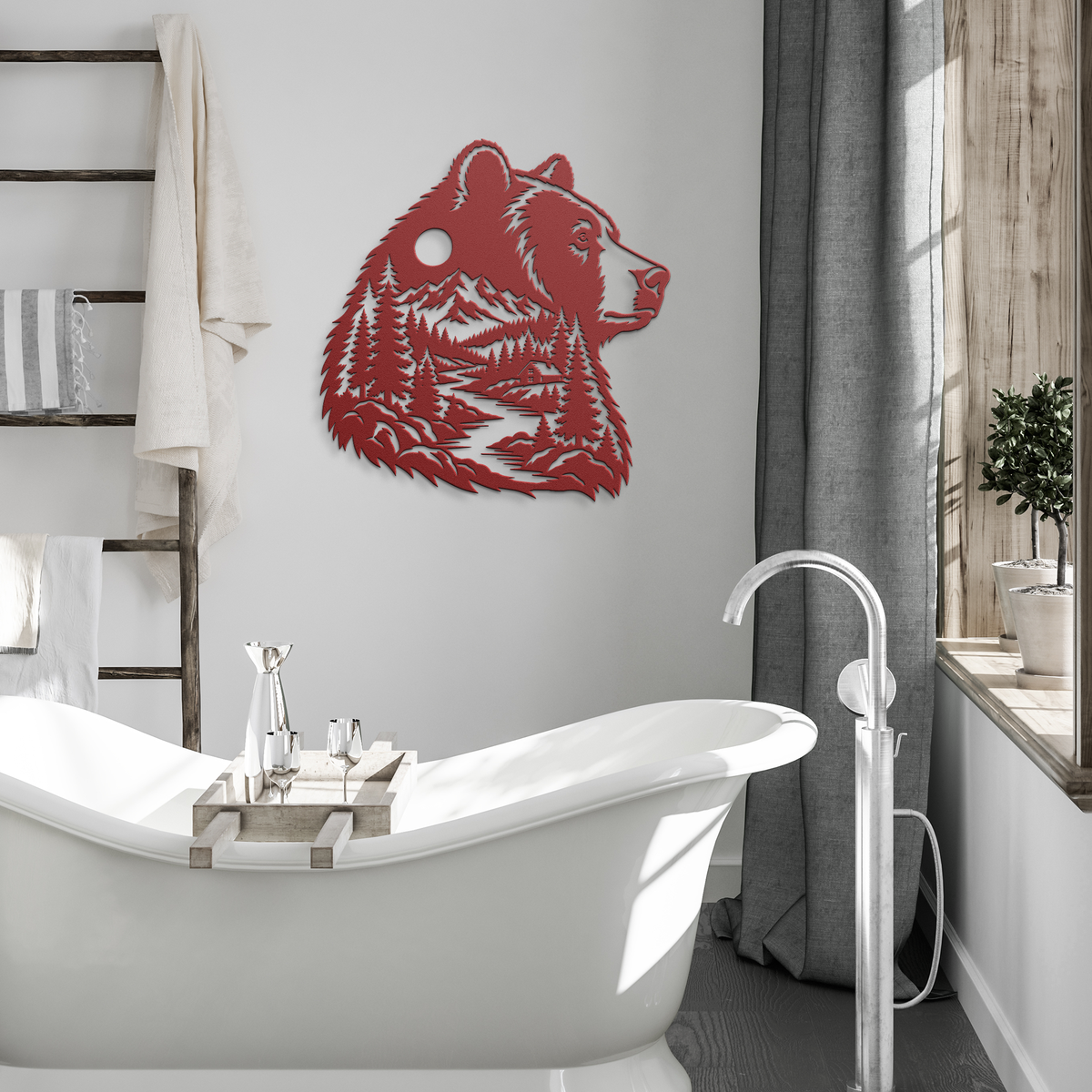 Red bear head rustic metal sign in a modern room — rustic steel wall decor