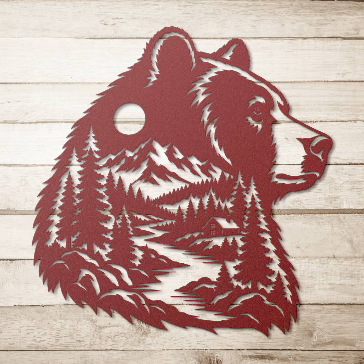 Red bear head rustic metal sign on a wood background — rustic steel wall decor