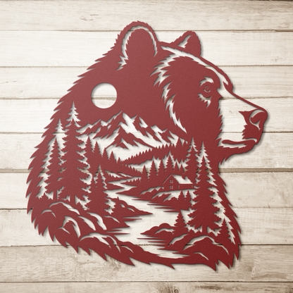 Red bear head rustic metal sign on a wood background — rustic steel wall decor