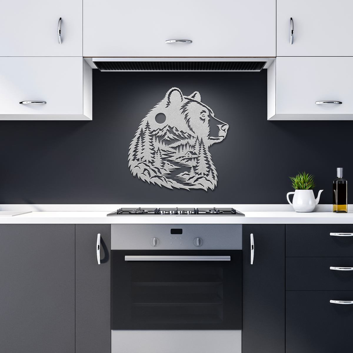 Silver bear head rustic metal sign in a dark kitchen — rustic steel wall decor